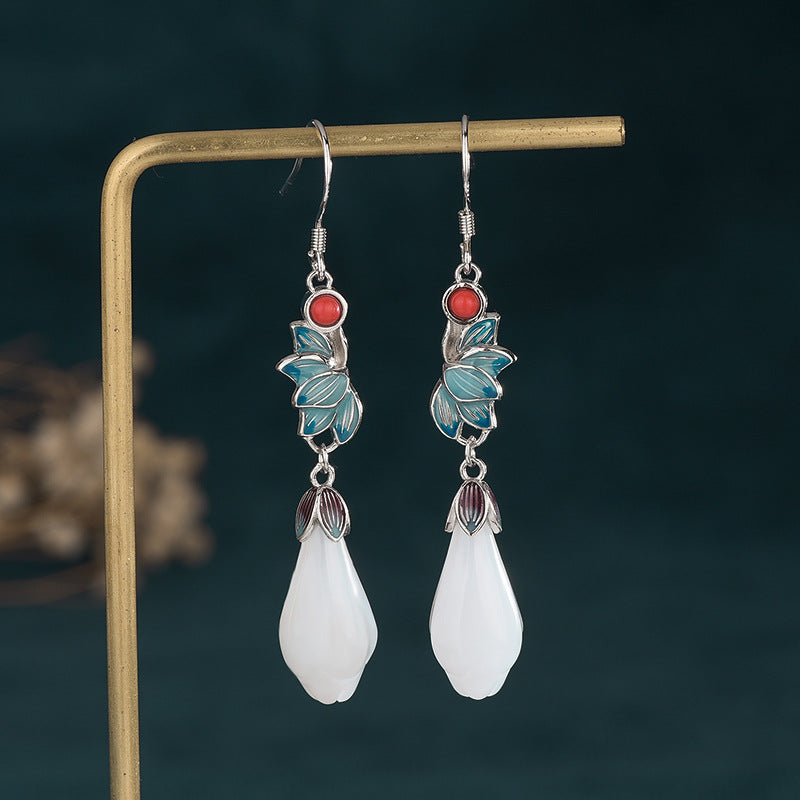 Fashion Vintage Jewelry Enamel Niche Sier Ear Magnolia Earrings