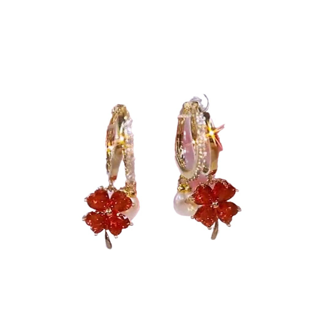 Red Zircon Maple Leaf Artificial Pearl Female Earrings
