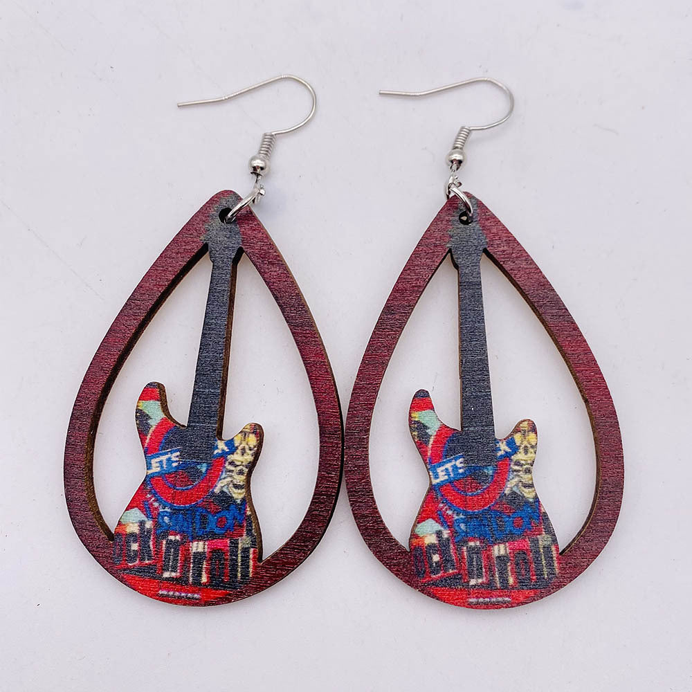 Hollow Out Guitar Wooden Fashion Musical Instrument Earrings