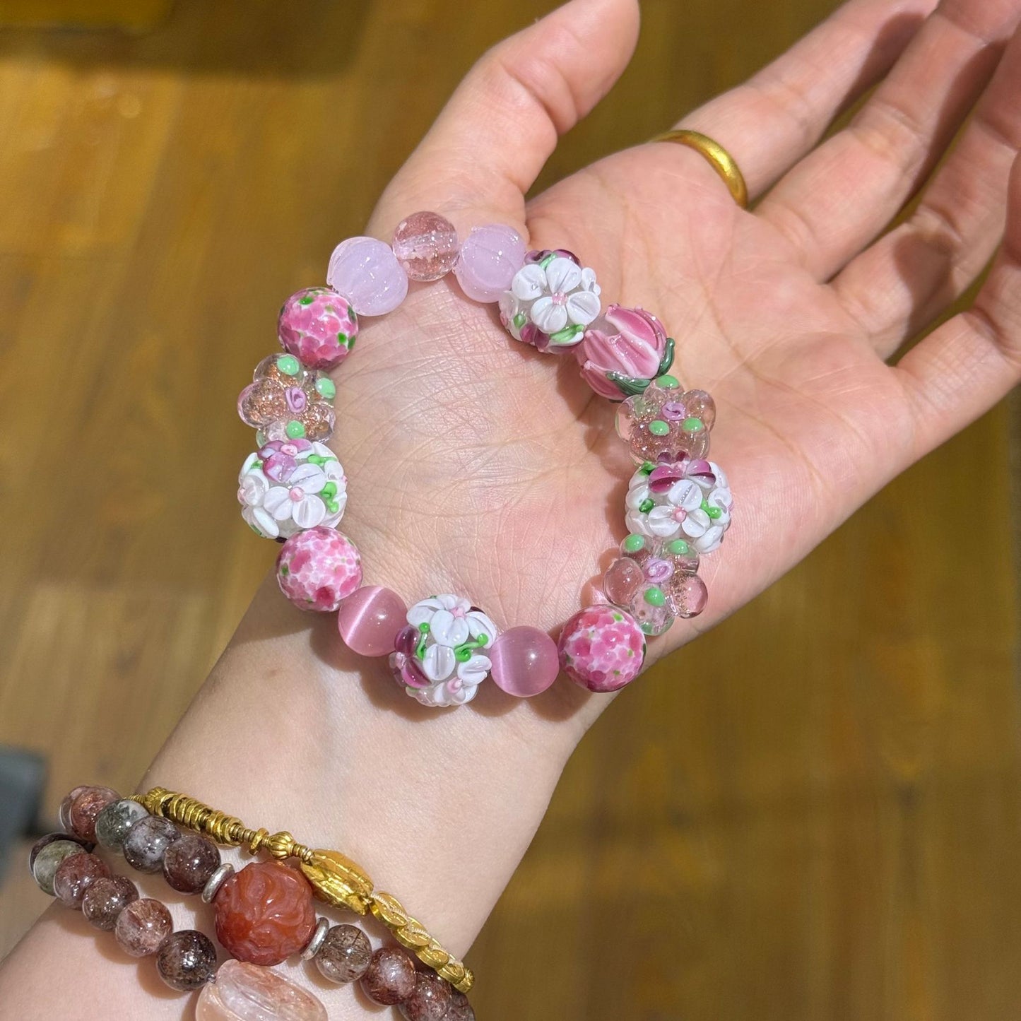 Embroidered Ball Glass Single With Pink Lotus Female Bracelet
