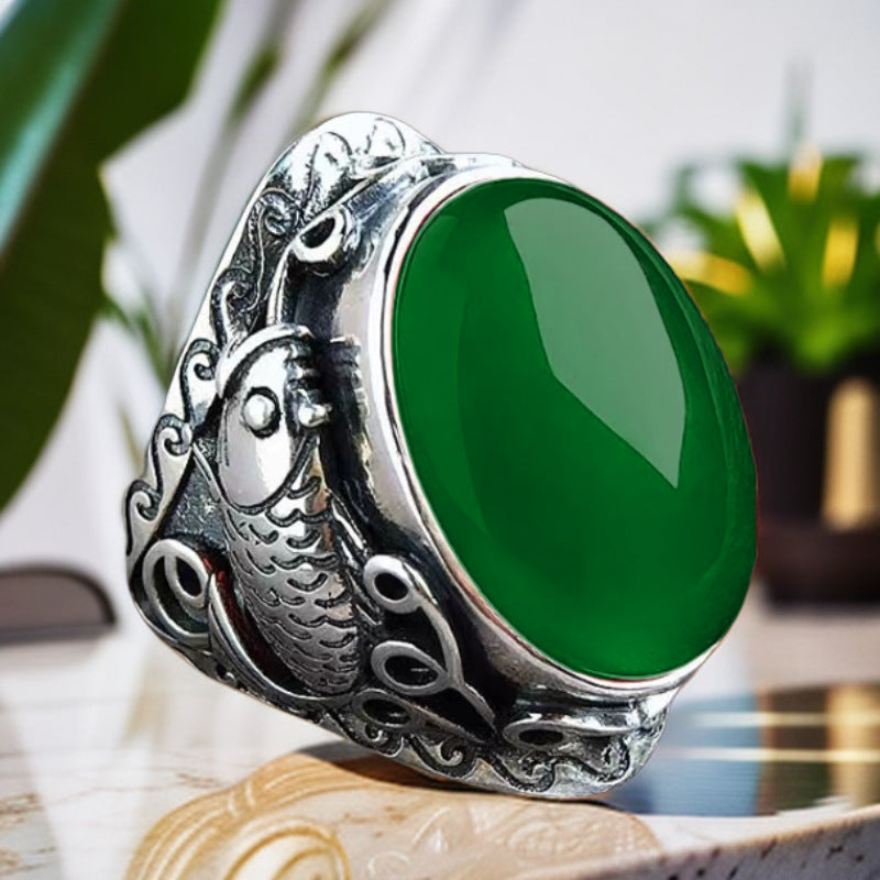 Men's Vintage Koi Domineering Thai Sier Niche Pisces Ruby Rings