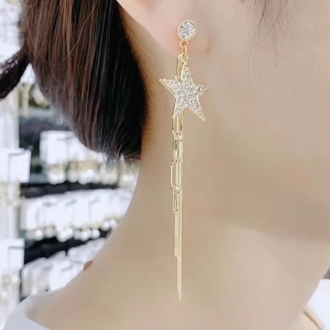 Women's Asymmetric Star Moon Tassel Exaggerated Temperamental Earrings