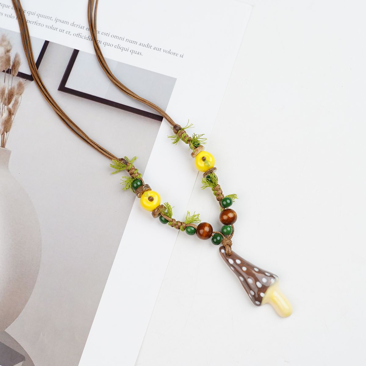 Women's Dopamine Color Ceramic Mushroom Long Woven Necklace