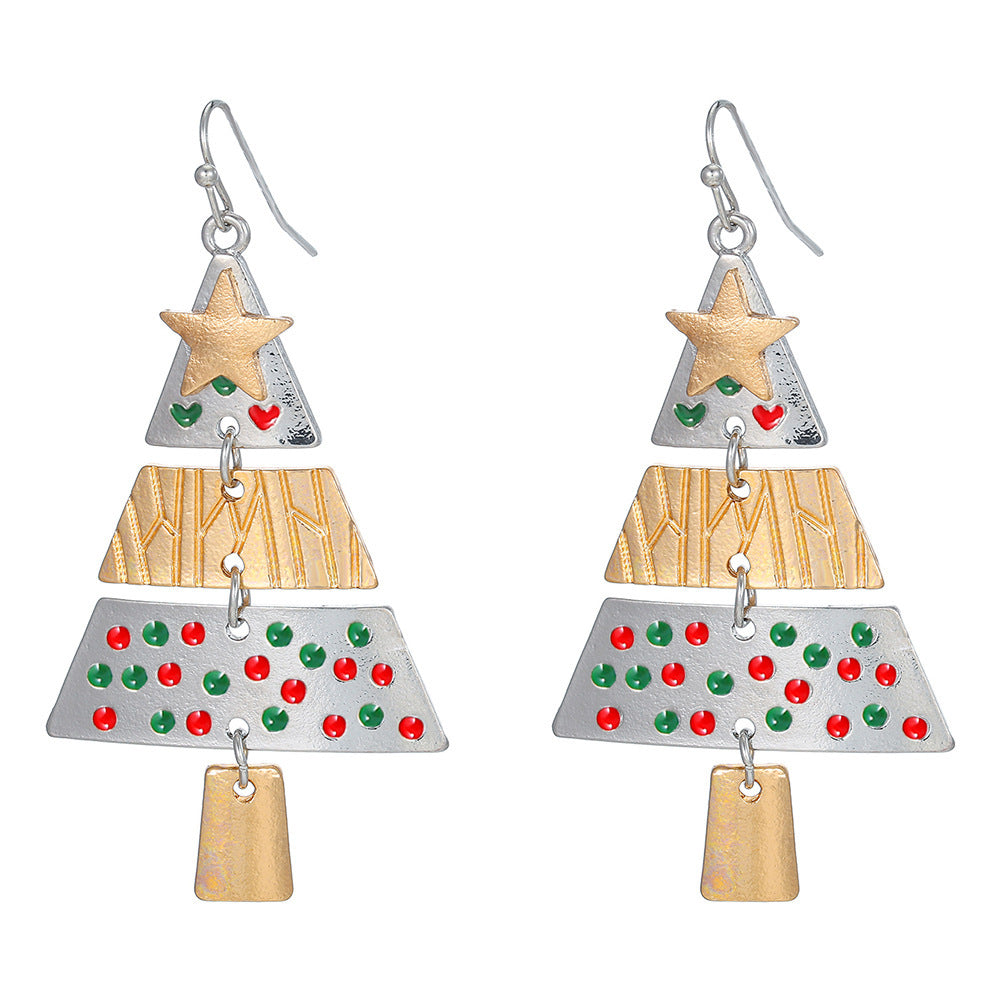 Handmade Exaggerated Big Christmas Tree Five-pointed Star Alloy Stitching Earrings