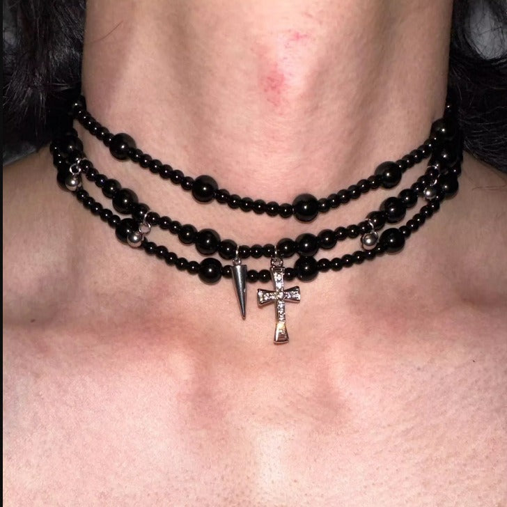 Glamorous Black Stone Stacked Retro Cross Necklaces