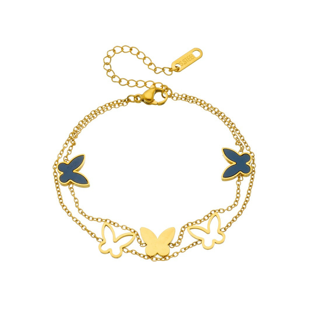 Women's Pierced Black Butterfly Chain Stainless Steel Gold-plated Bracelet