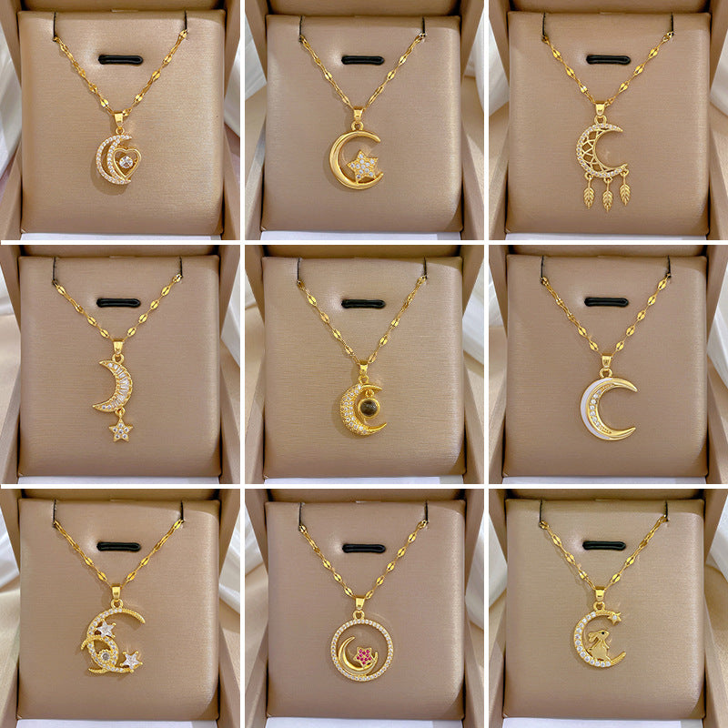 Titanium Steel Light Luxury Moon Full Diamond Design Temperament Necklaces