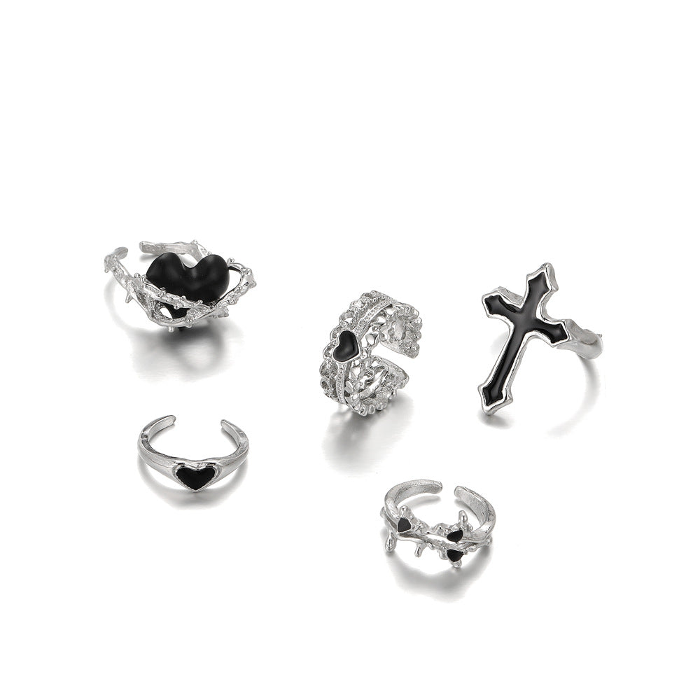 Combined Personality Retro Black Loving Heart With Opening Rings