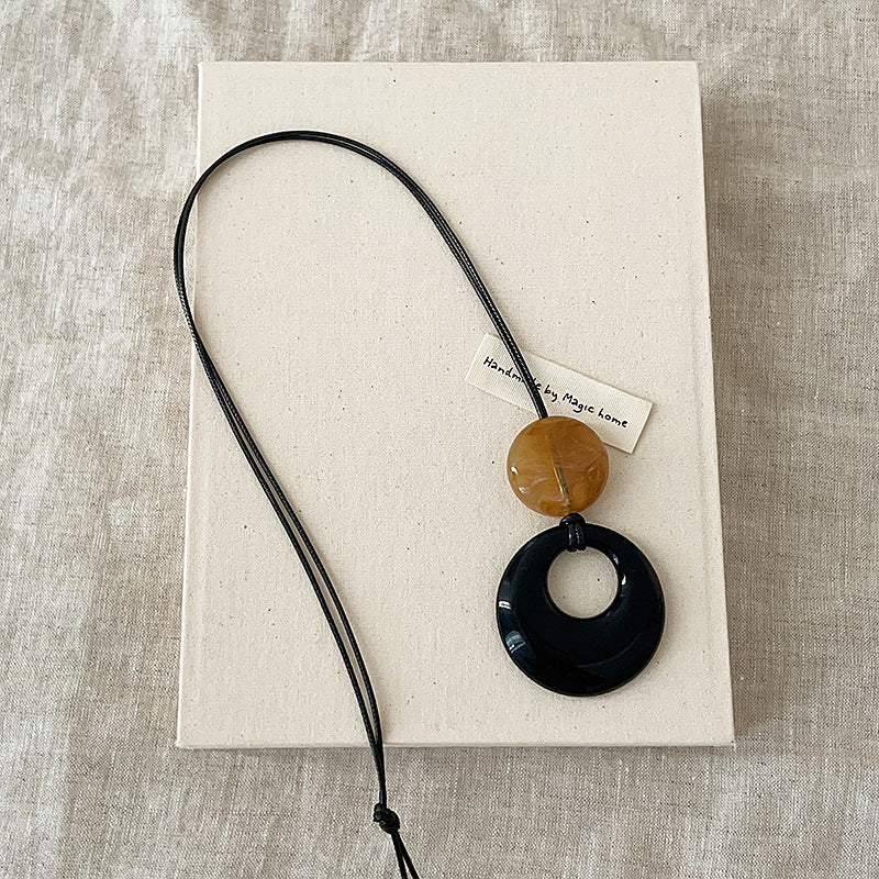 Women's Natural Long Black Leather Cord Design Simple Personalized Pendants