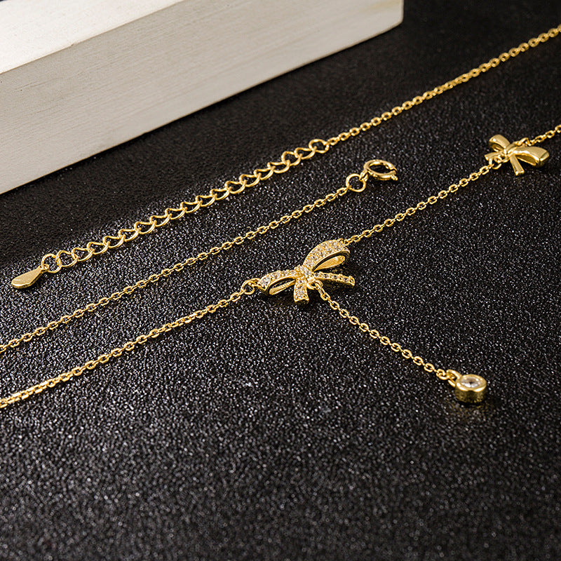 Sterling Sier Tassel Double Butterfly Design Jeweled Niche Clavicle Necklaces