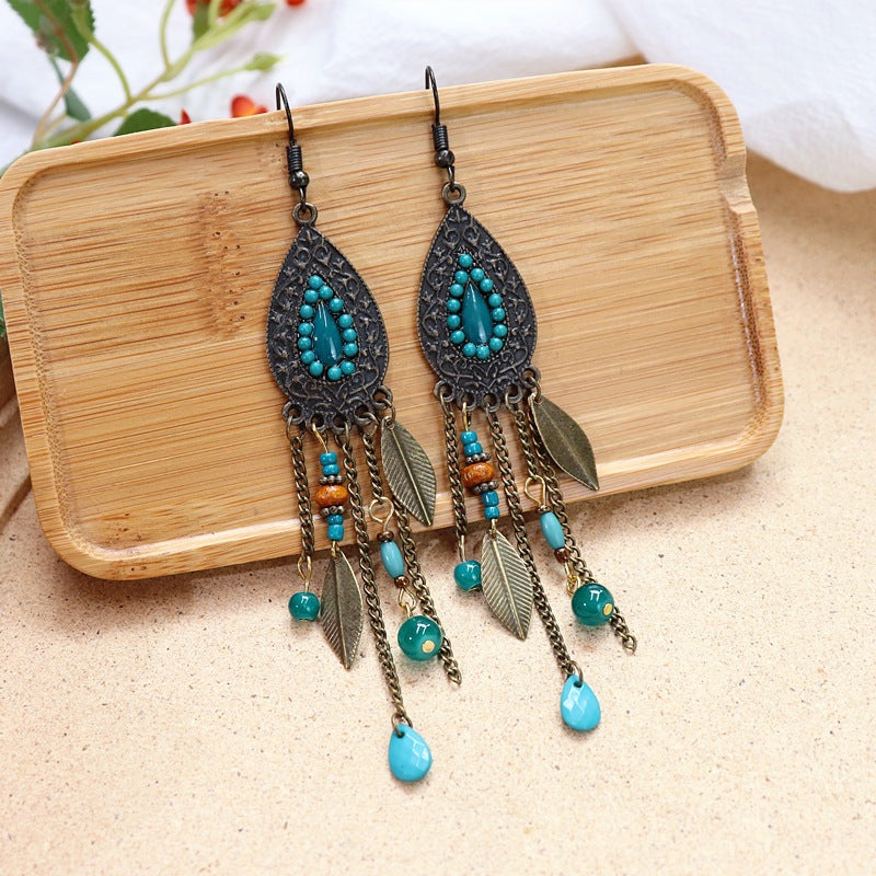 Women's Retro Bohemian Long Fringe Ethnic Style Water Drop Earrings