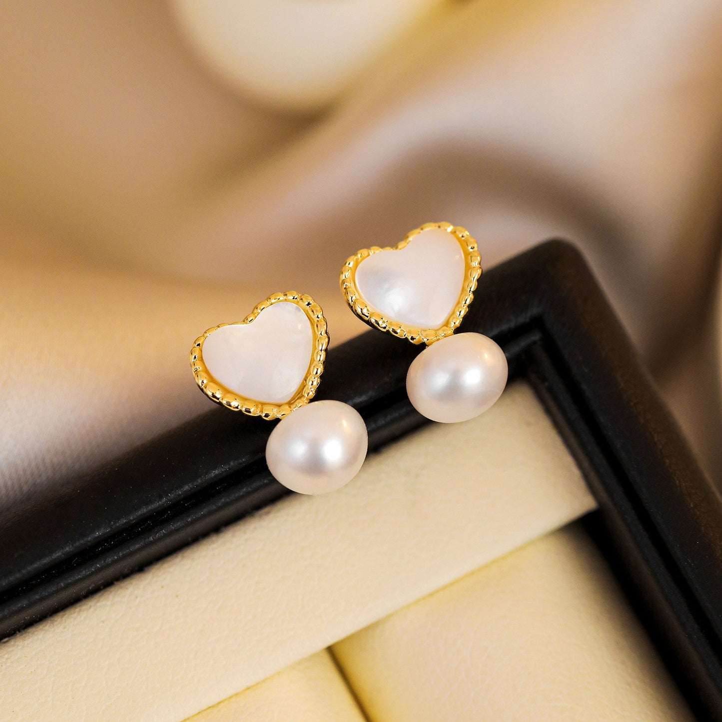 Freshwater Pearl Heart Butterfly Zircon Real Gold Electroplated Earrings