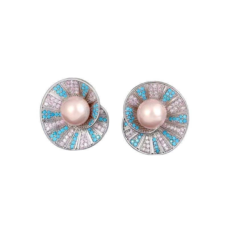Women's Retro High-grade Full-jeweled Shell Pearl Design Stud Earrings