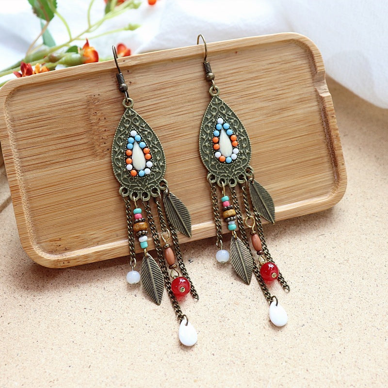 Women's Retro Bohemian Long Fringe Ethnic Style Water Drop Earrings