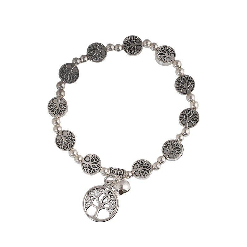 Women's Vintage Sier Beaded Lucky Tree Alloy Bell Mori Style Bracelet