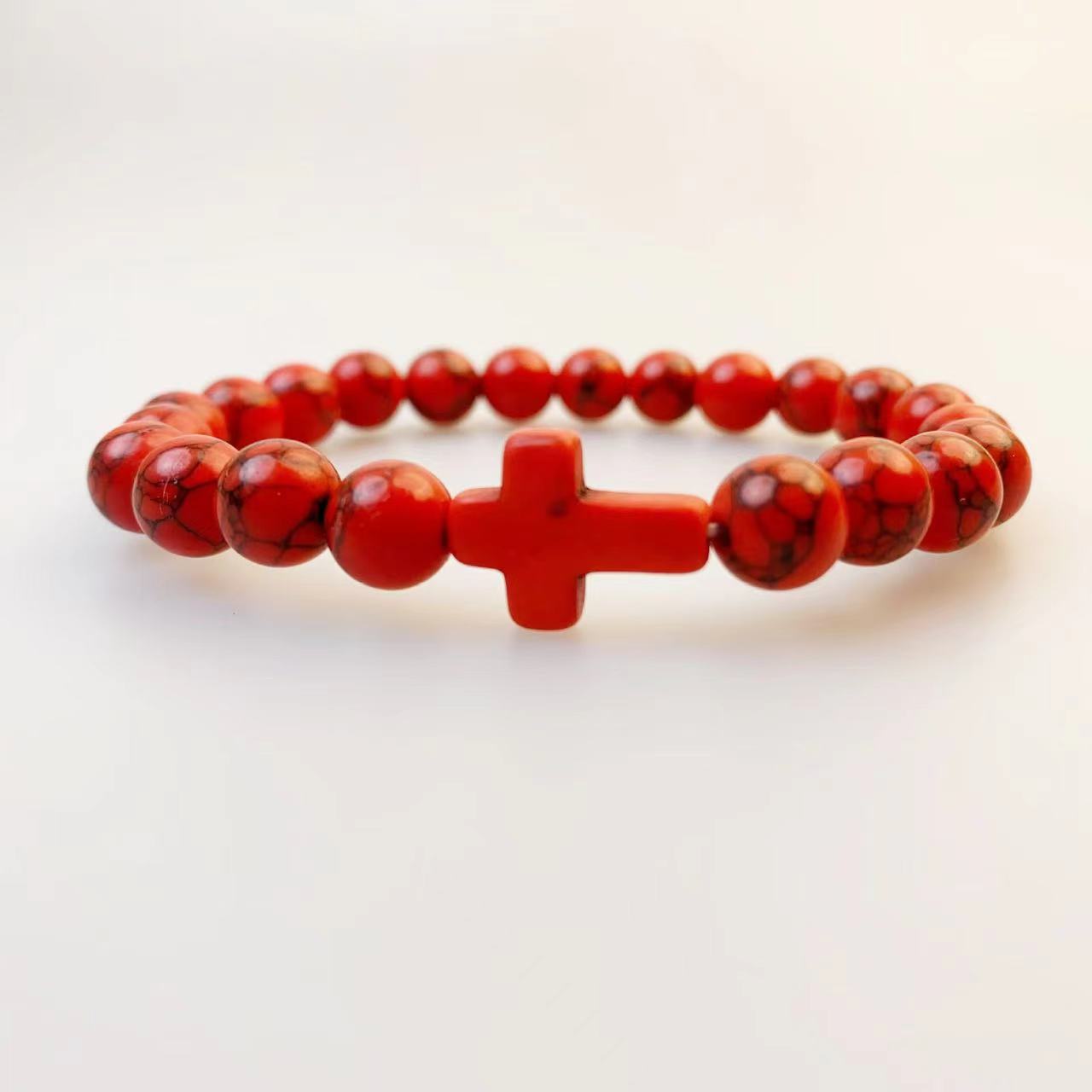 Natural Stone Cross Turquoise Beaded Elastic Couple Bracelet
