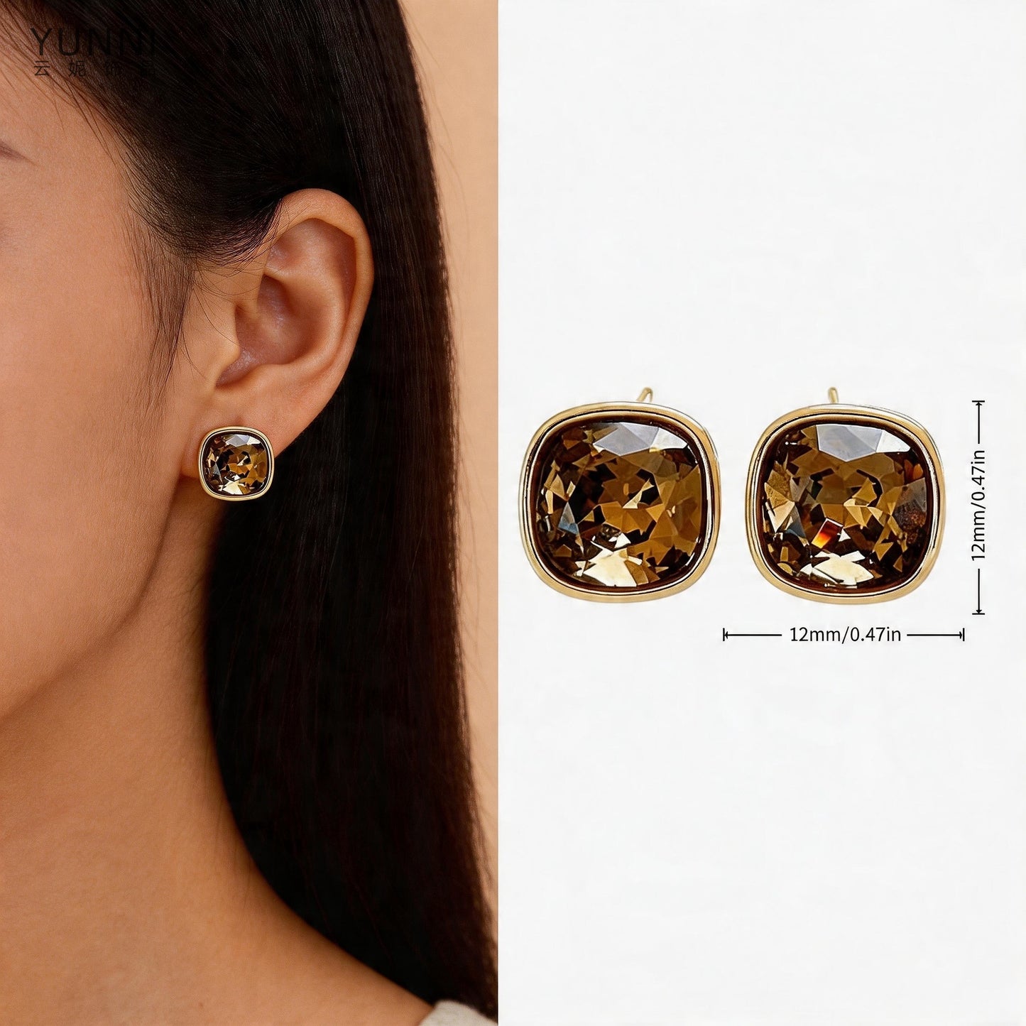 Stylish Exquisite Champagne Gold Zircon Square Simple Trendy Stud Earrings