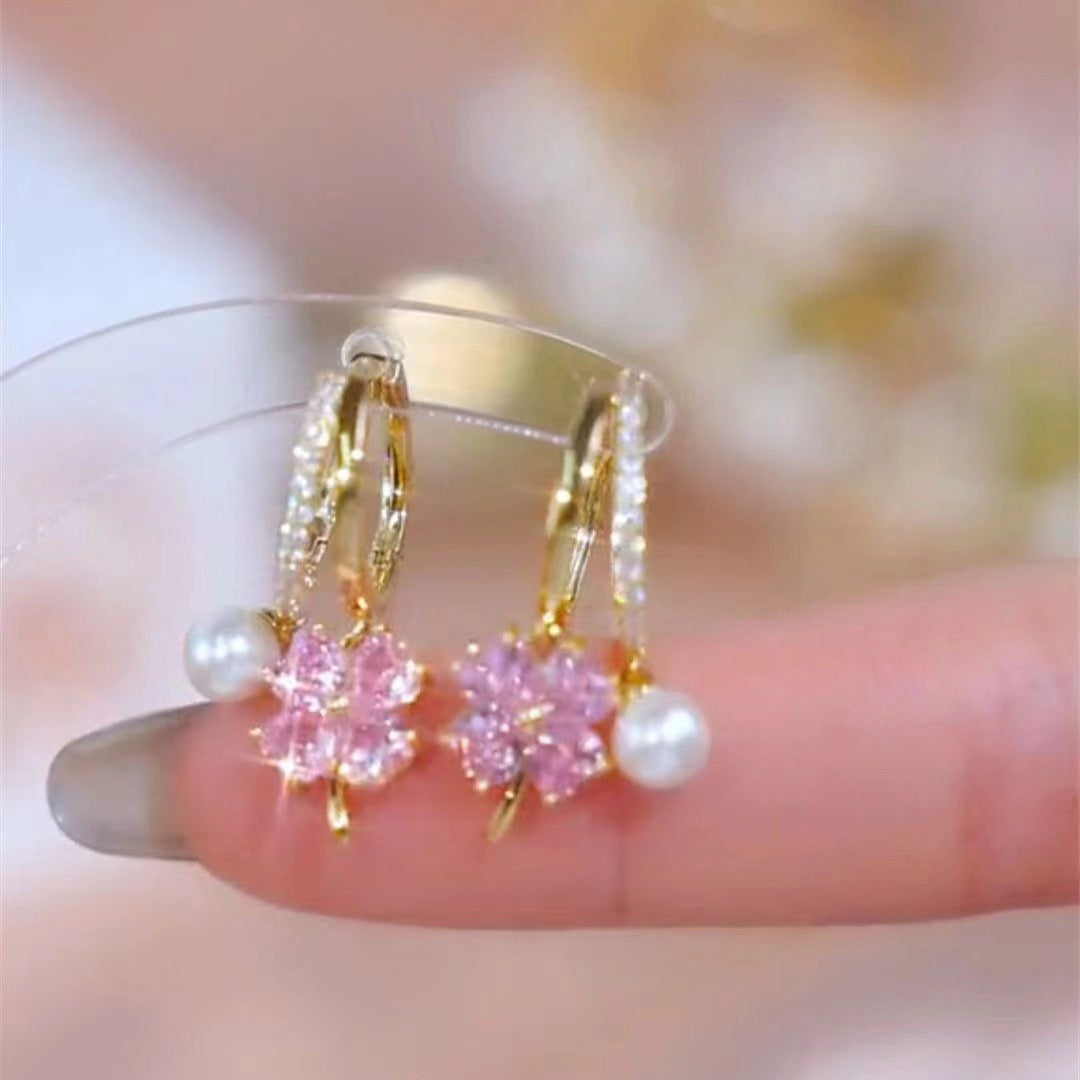 Red Zircon Maple Leaf Artificial Pearl Female Earrings