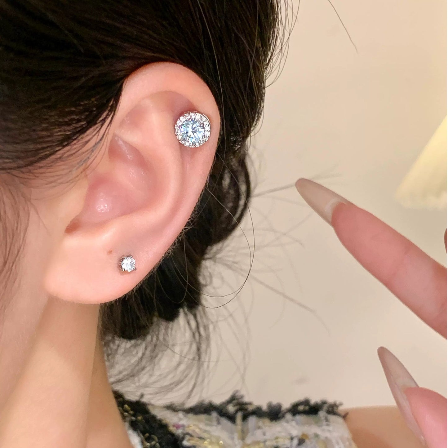 Micro Diamond Zirconium Princess Round Bag Stud Earrings