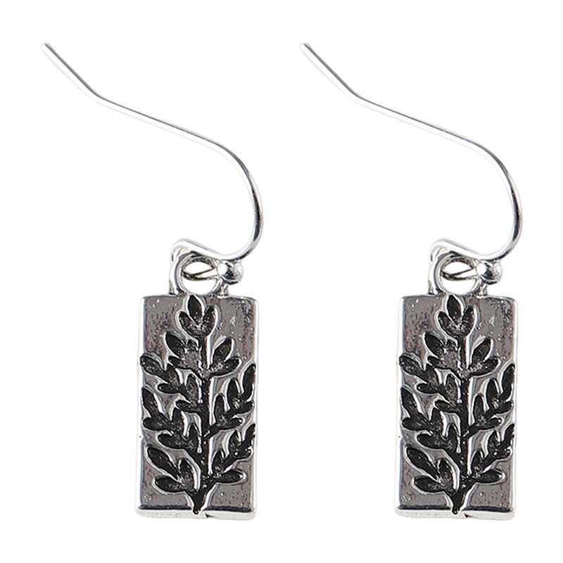 Fashionable Retro Ancient Sier Leaf Square Simple Earrings