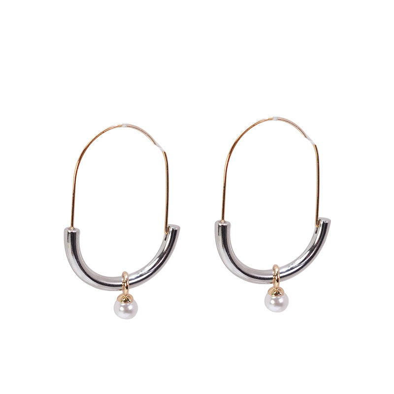 Women's Two-color Oval Metal High-grade Pearl Light Earrings