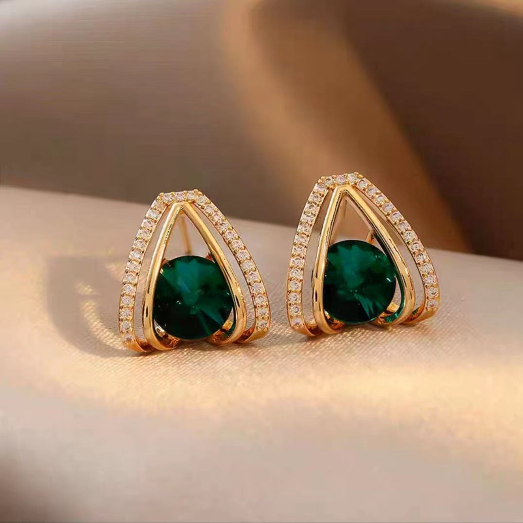 Women's Sier Needle Simple Personality Green Diamond Flower Love Heart Earrings