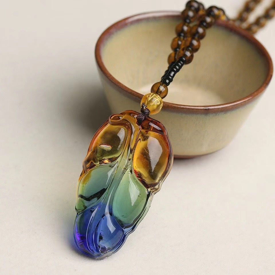 Colored Glaze Crystal Leaves Guan Gong Buddha Ornamental Stone Necklaces