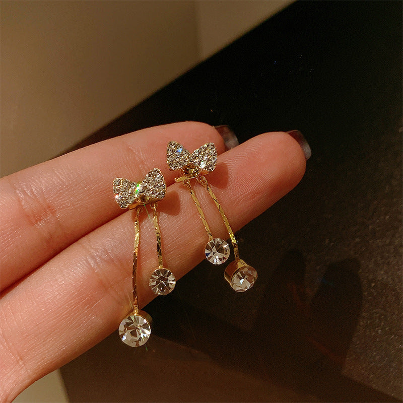 Women's Sier Pentagram Shiny Diamond Tassel Bow Earrings