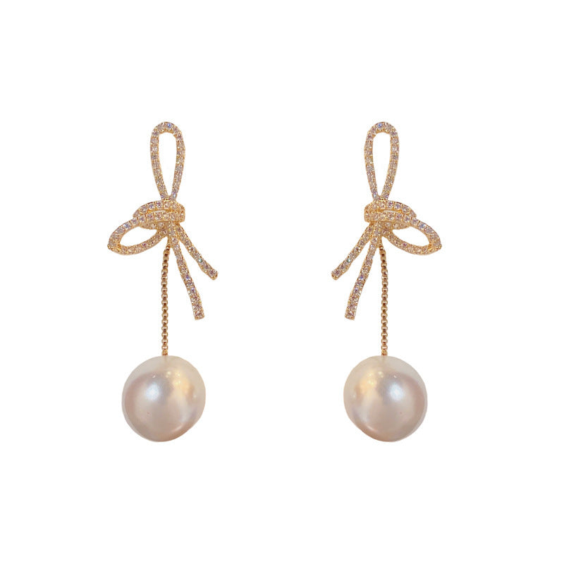 Affordable Luxury Fashion Micro Inlaid Zircon Bow Pearl Personality Thin Earrings