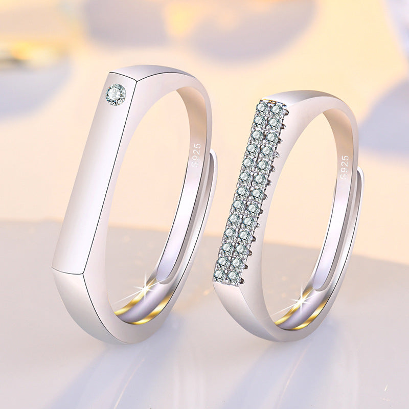 Women's & Men's Couple Sier Minority Simple Design Zircon Word Opening Rings