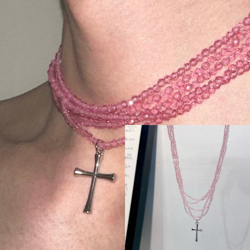 Light Luxury Exquisite Red Beaded Cross Female Sweet Cool Necklaces