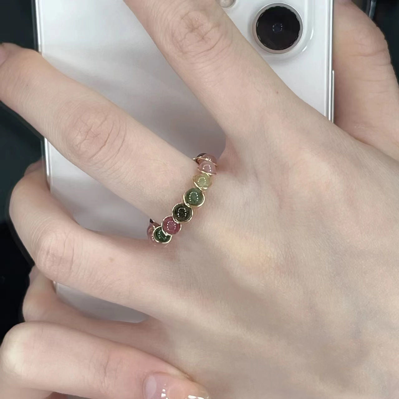 Rainbow Tourmaline Fashion Beaded Female Niche High Ring