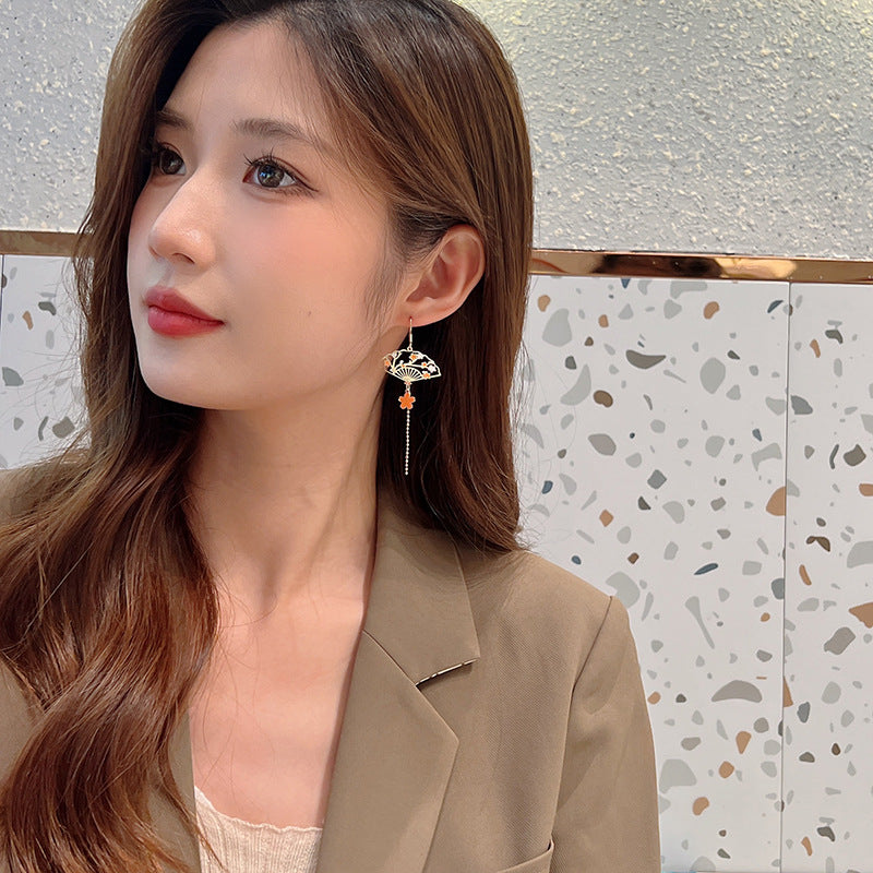 Women's Ancient Style Fan Retro Tassel Pearl Long Asymmetric Geometric Earrings