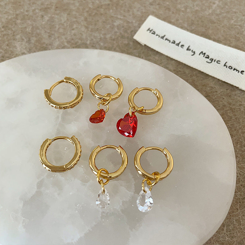 Women's Heart Water Drops Zircon Three-piece Small Earrings