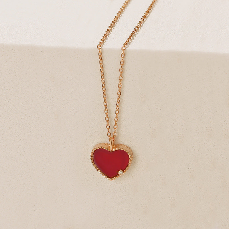 Women's Heart-shaped Genuine Diamond Sterling Sier Red Agate Clavicle Necklaces