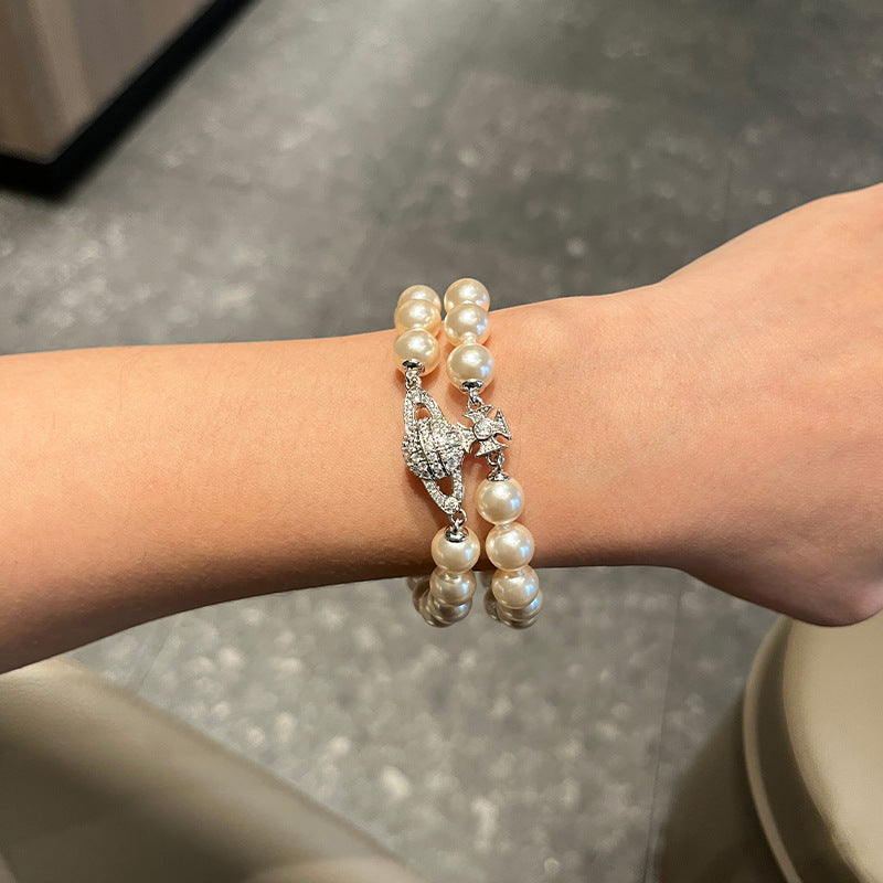 Pearl Full Diamond Saturn Retro Temperament Bracelets