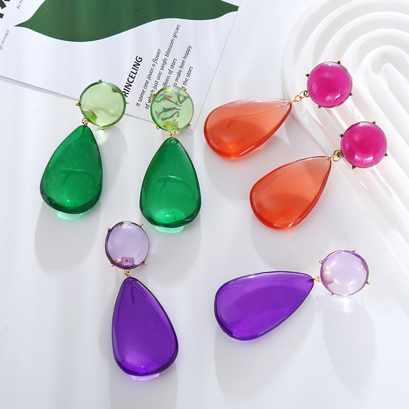 Retro Temperament Alloy Transparent Resin Geometric Round Drop-shaped Double Earrings