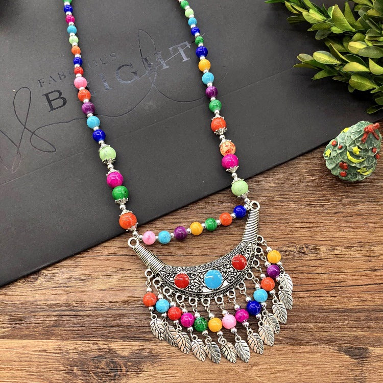 Women's Chain Moon Flower Colorful Beads Headdress Necklaces