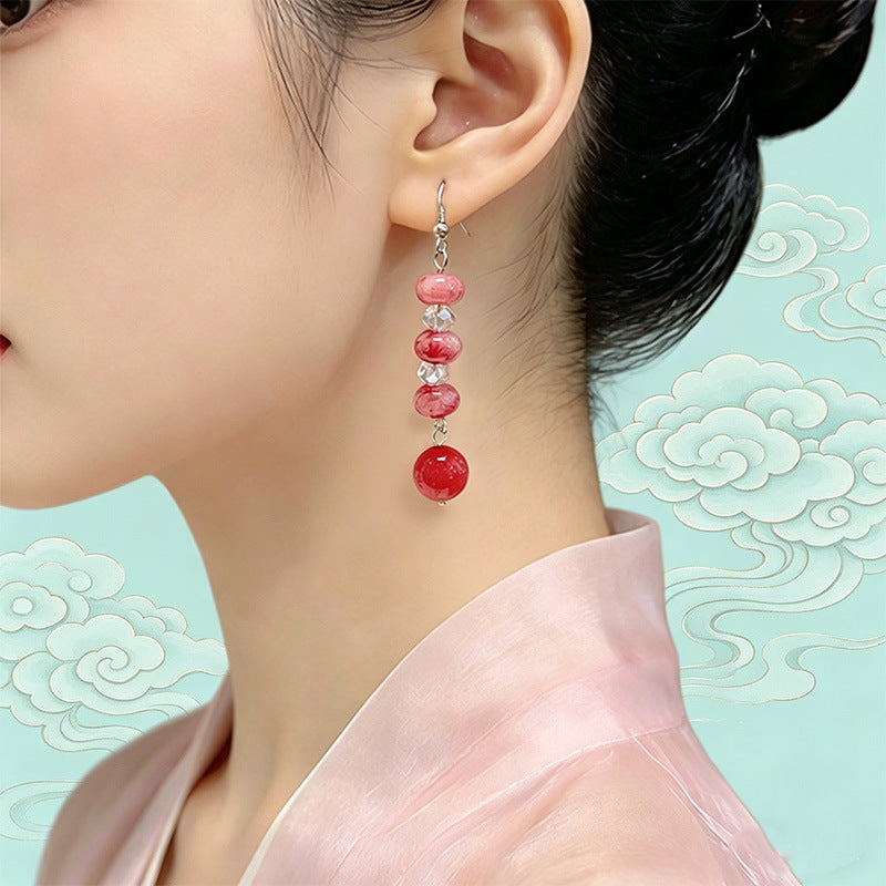 Women's Chinese Style Carnelian Beaded For Archaic Simple Refined Stylish Versatile Earrings