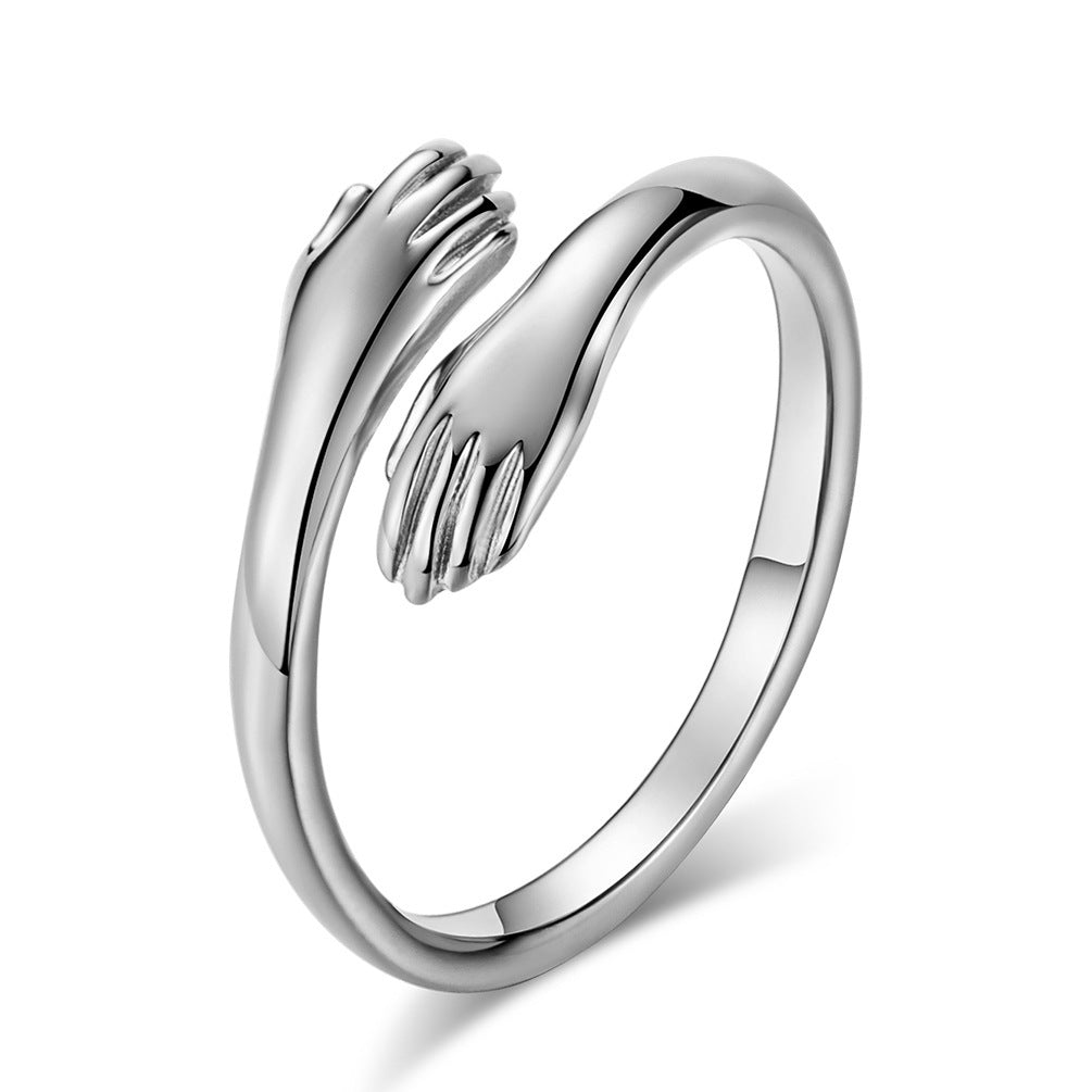 Women's & Men's Sterling Sier Retro Love Hug Open Couple Embrace Rings