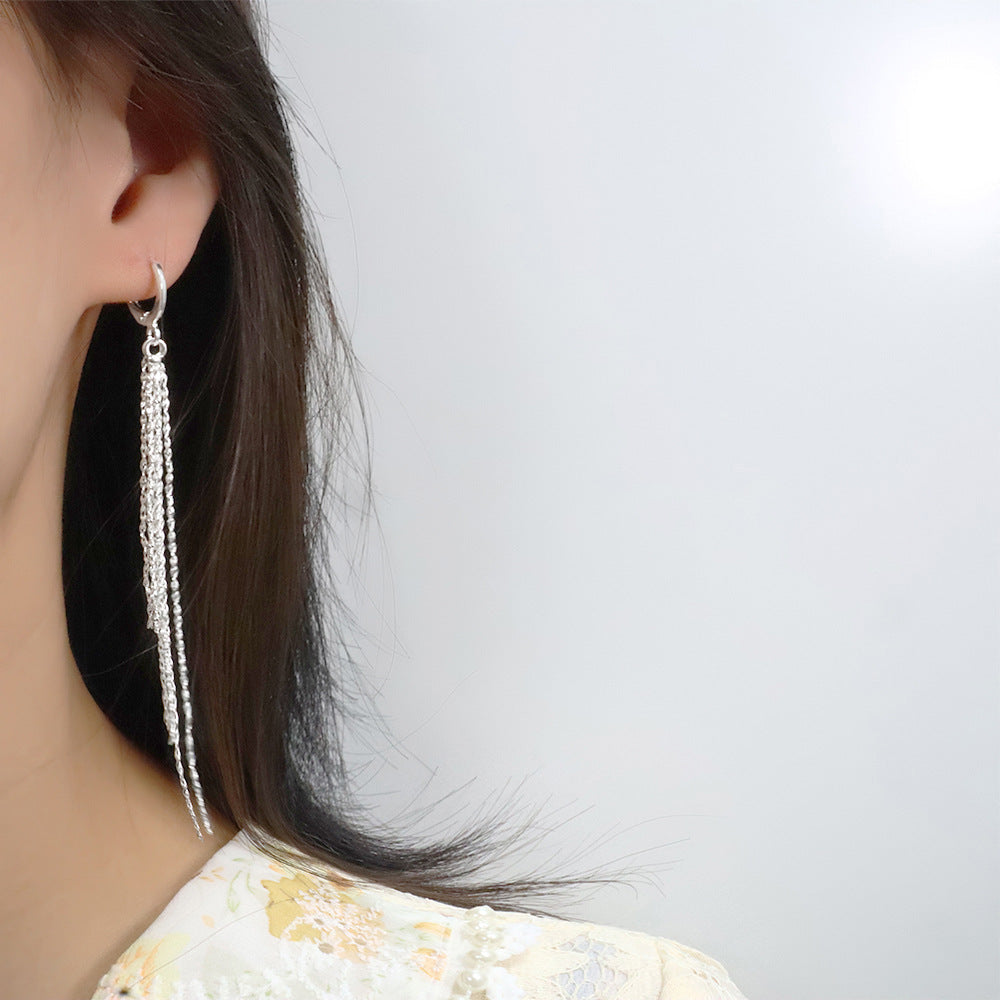 Cold Wind High Waterfall Sier Long Slimming Earrings