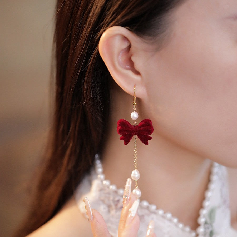 Red Elegance Retro Cheongsam Antique Eardrops Tassel Long Bow Earrings