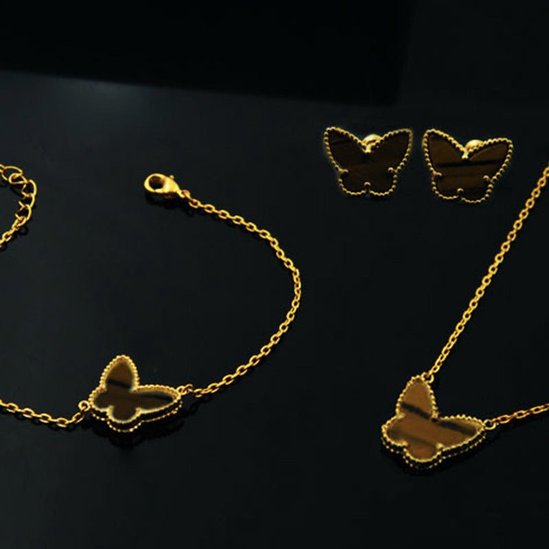 Windmill Series Exquisite Gold Butterfly Shell Tigereye Ear Round Beads Stud Earrings