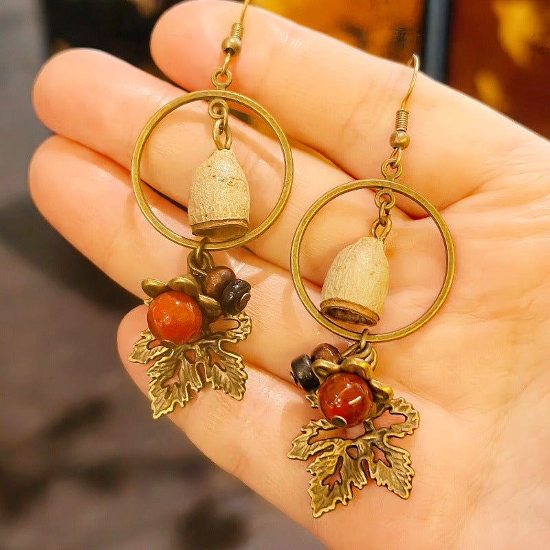 Palace Niche Exotic Plant Dried Fruit Maple Leaf Dangling Earrings