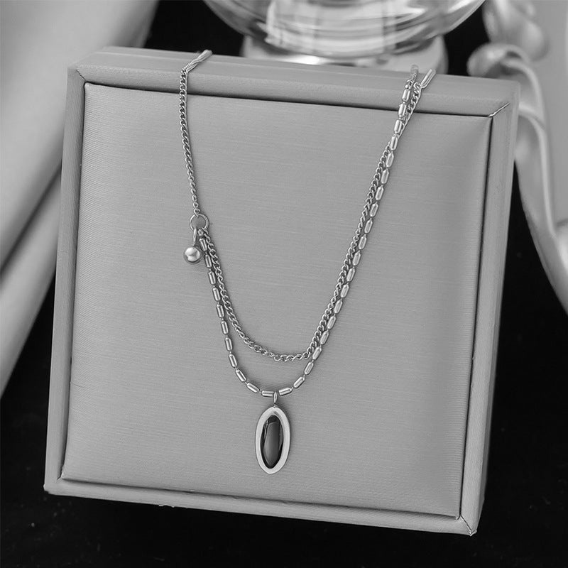 French Oval Black Mirror Collarbone Plated Necklaces