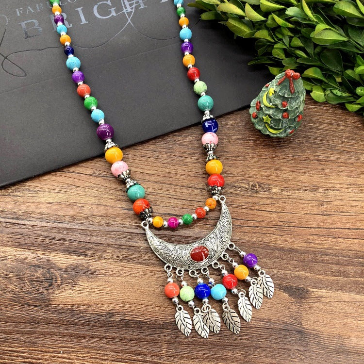 Women's Chain Moon Flower Colorful Beads Headdress Necklaces