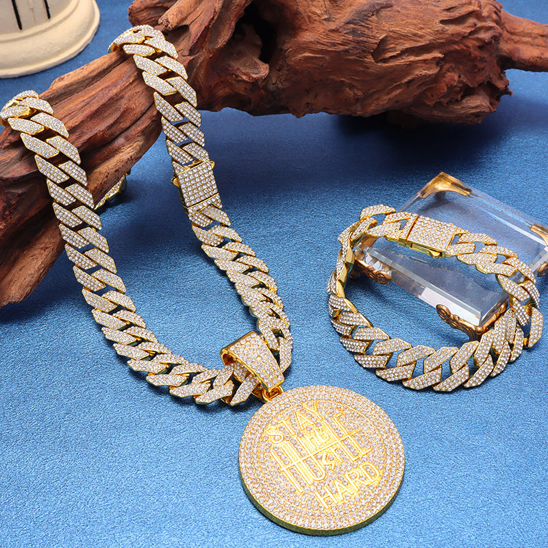 Men's Keep Strong Letter Round Plate Full Diamond Necklaces