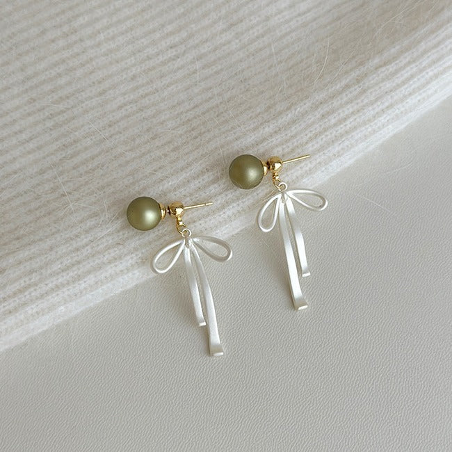Bow Detachable Pearl Green Spray Paint Earrings