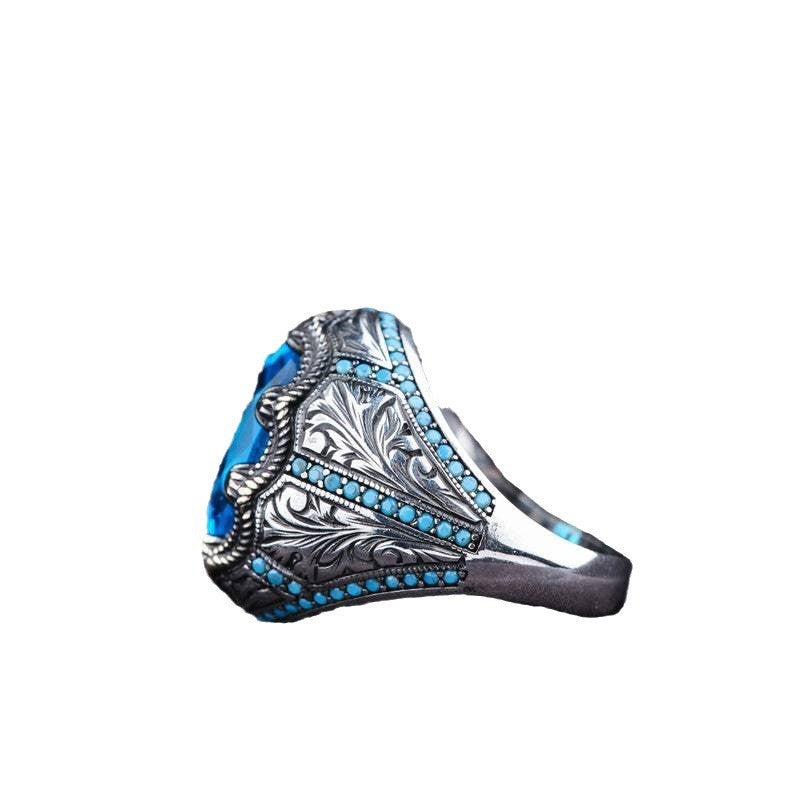 Artisan Grandmother Blue Zircon Retro Man's Ring