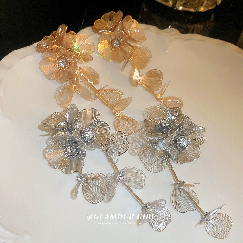 Clip Version Waterfall Fishtail Long Flower Tassel Rings
